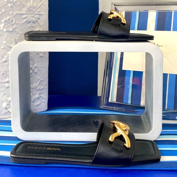 Fashion nova black gold rope hardware square toe flat sandals slides sz 10 - Picture 4 of 8